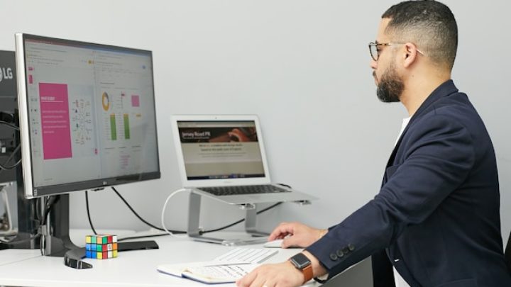 A professional working on multiple data dashboards